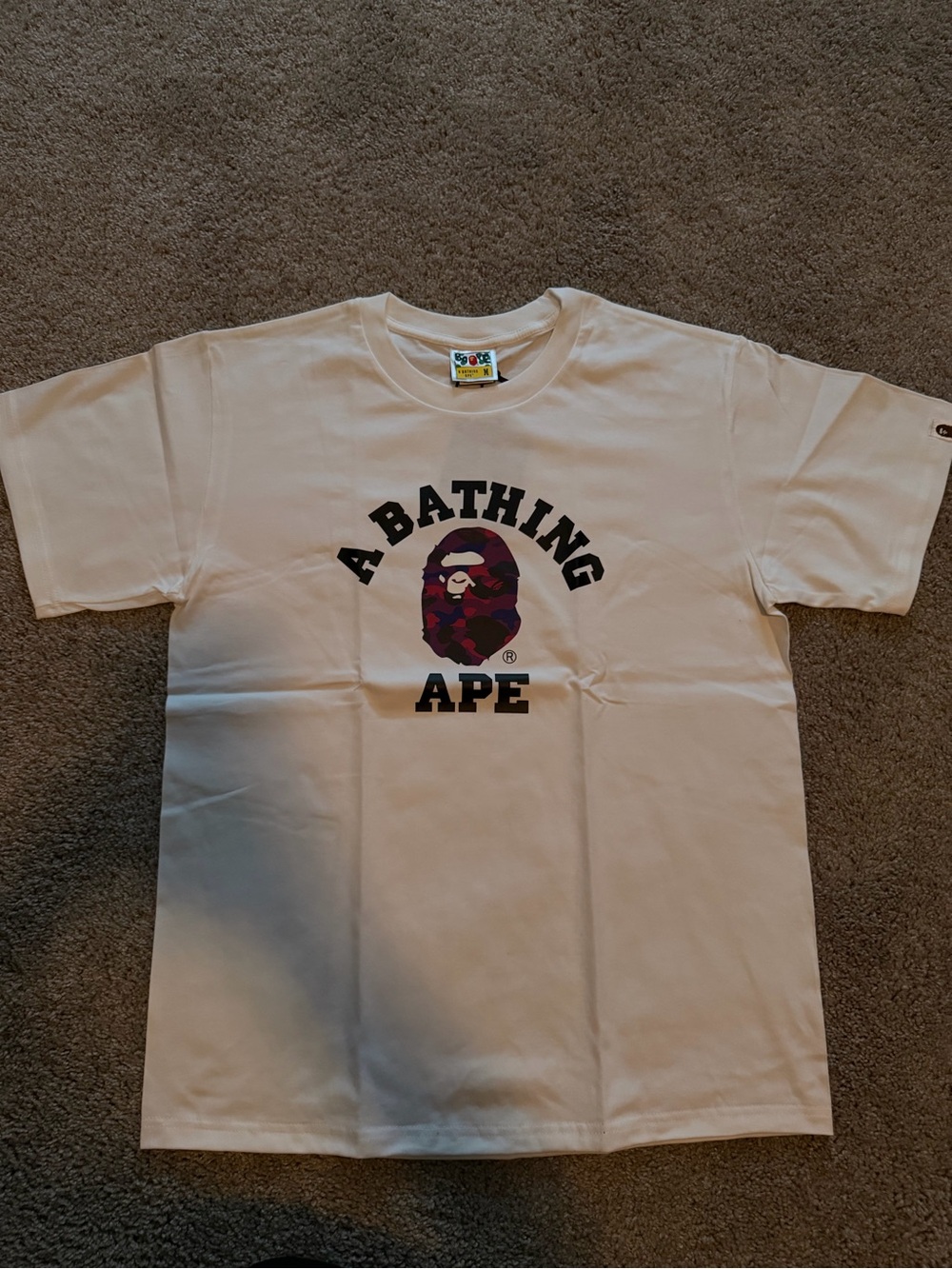 Bape White Tee with Purple Camo Ape Logo